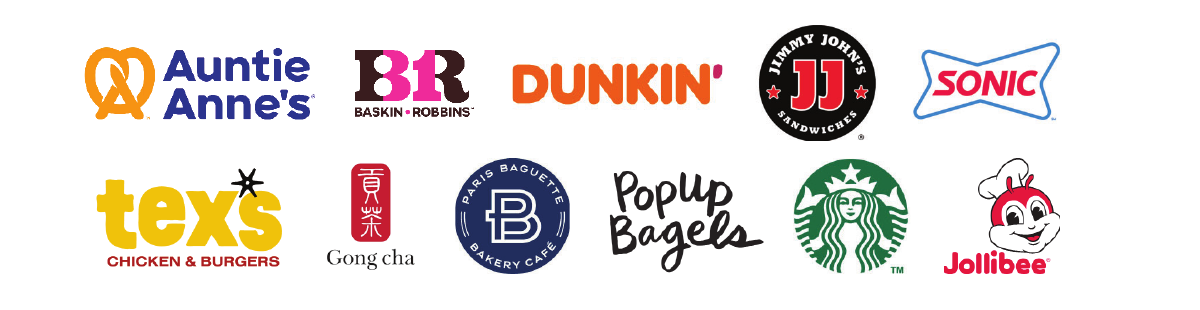 Selected client logos including Auntie Anne's, Baskin-Robbins, Dunkin', Jimmy John's, Sonic, Tex's Chicken, Gong cha, Paris Baguette, PopUp Bagels, Starbucks, and Jollibee