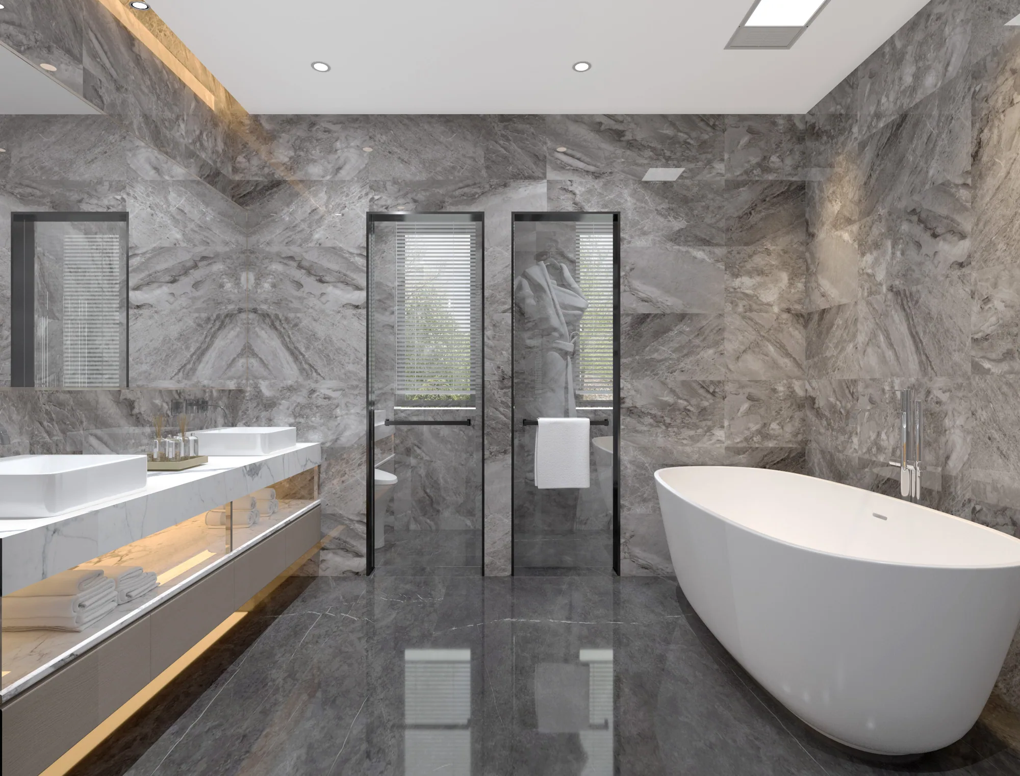 Primary bathroom in gray stone
