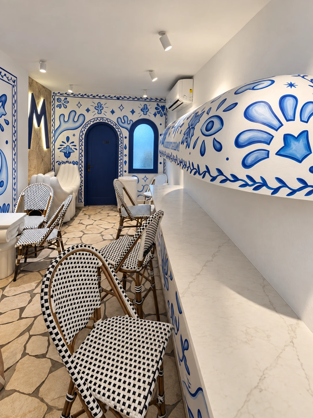 AI-retouched photograph of the rear seating area, patterned bistro chairs and curved painted alcove