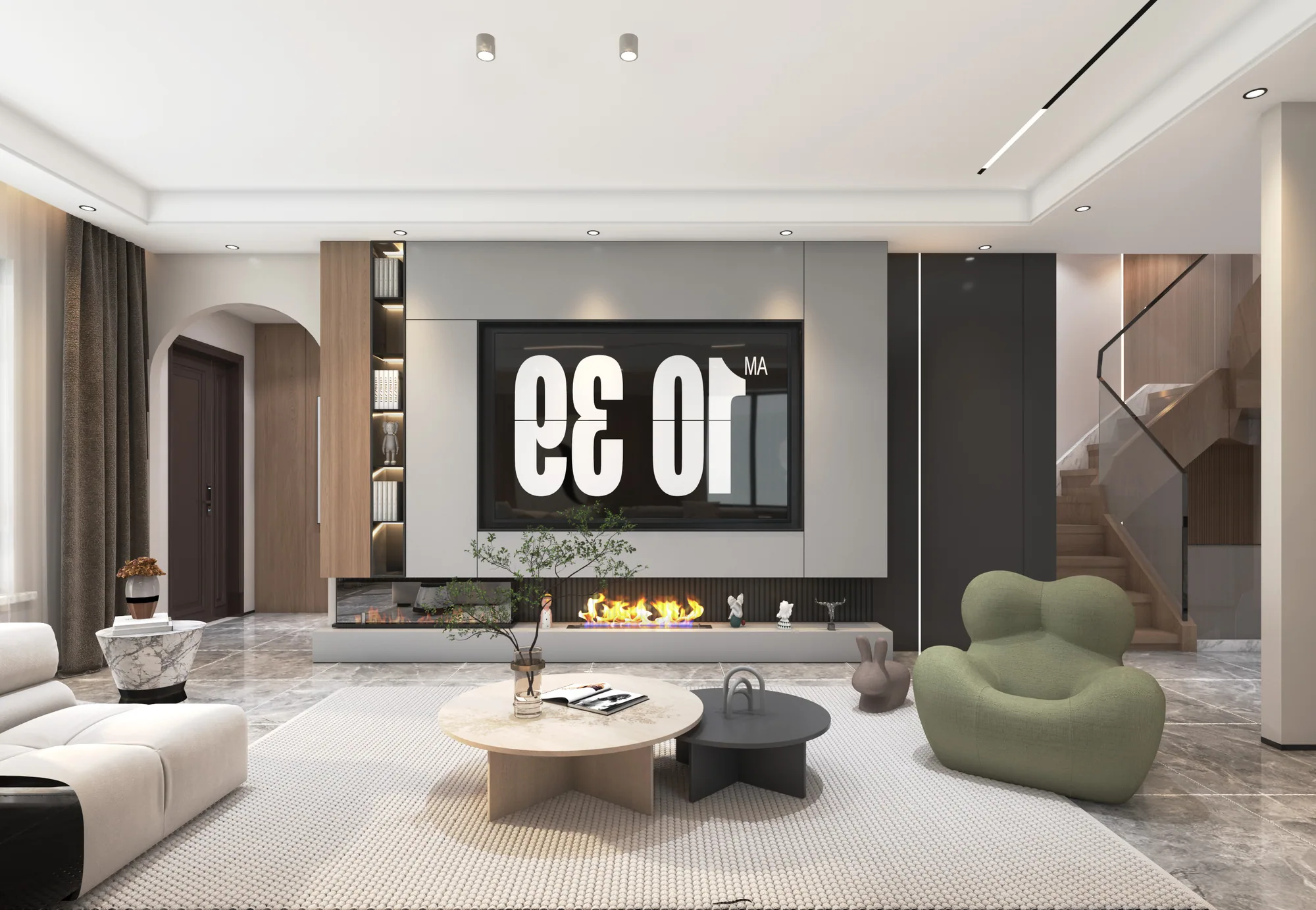 Living room with integrated fireplace