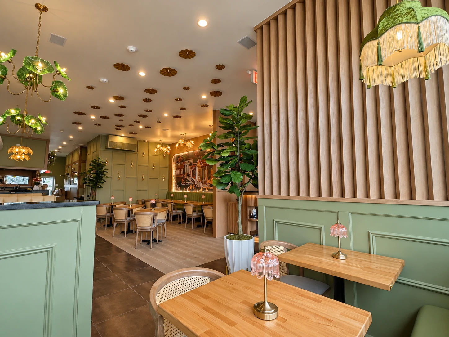 Dining tables, sage-green paneling and wood slats with botanical lighting