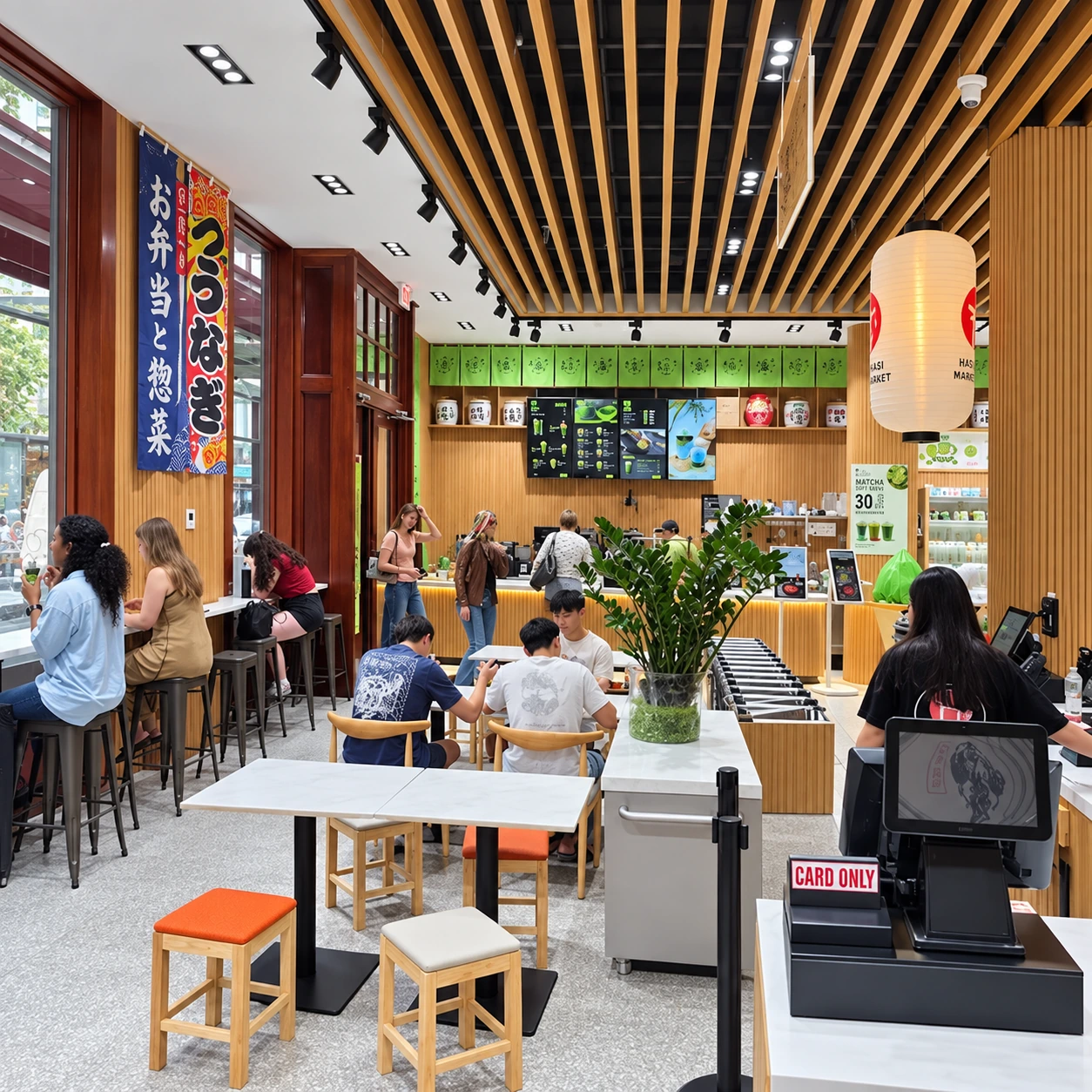 Dining and prepared-food area at Hashi Market